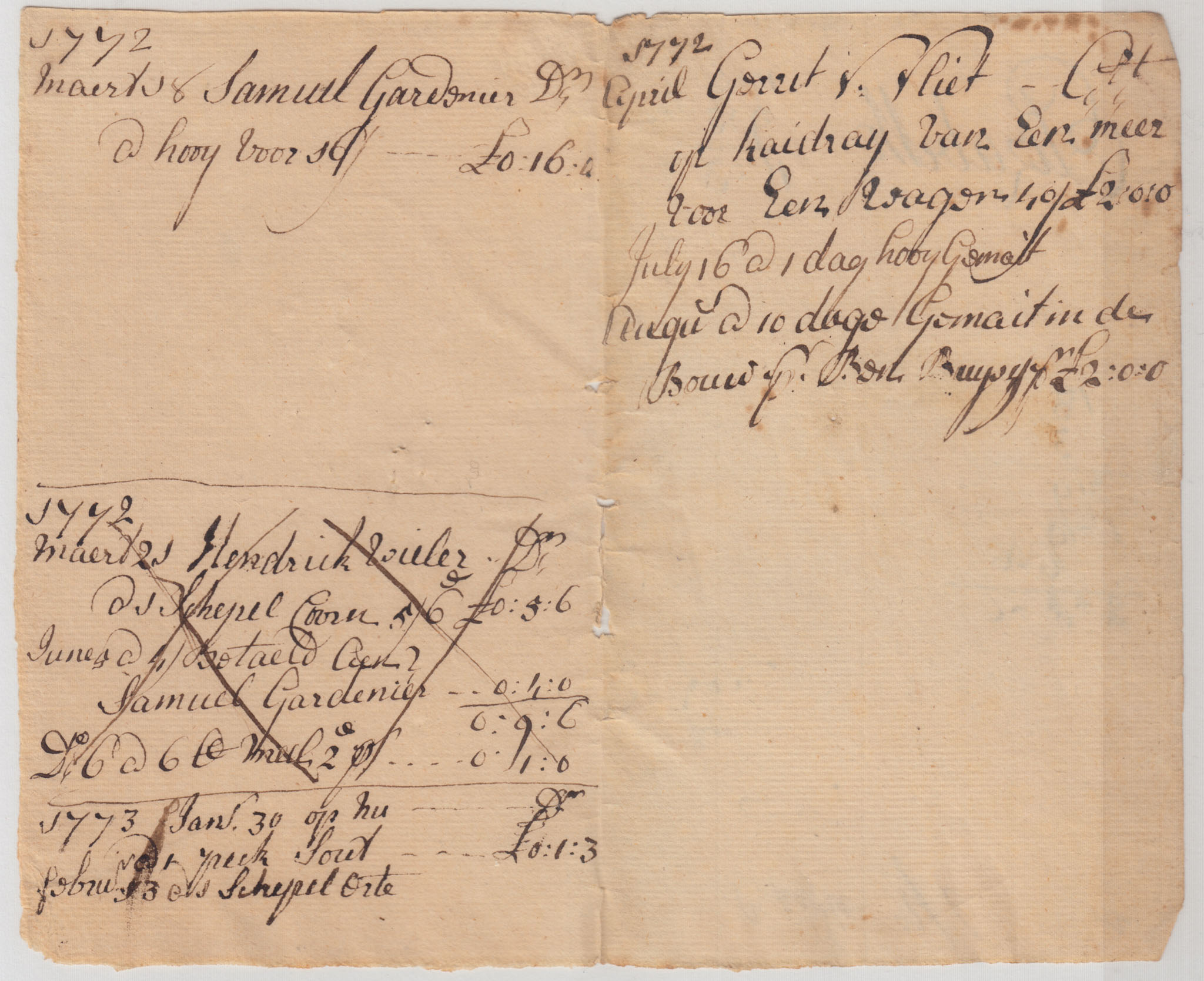 BH103, 1772 & 1773 Account Book Page of Elizabeth Huyck